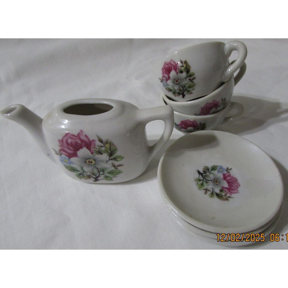 Child's tea set Vintage Japan 7 piece set miniature teapot red roses